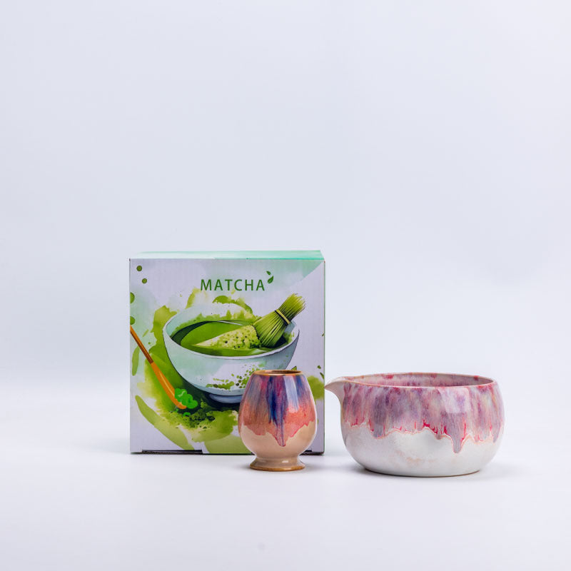 Rose and Plum ceramic matcha bowl and matching whisk holder with its retail box