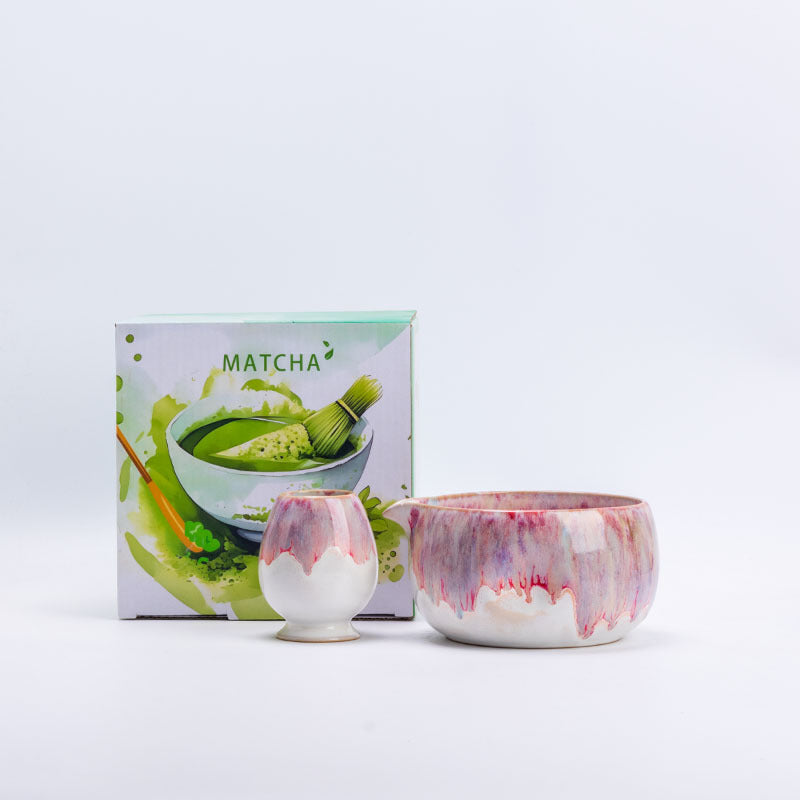Rose and White ceramic matcha bowl and matching whisk holder with its retail box