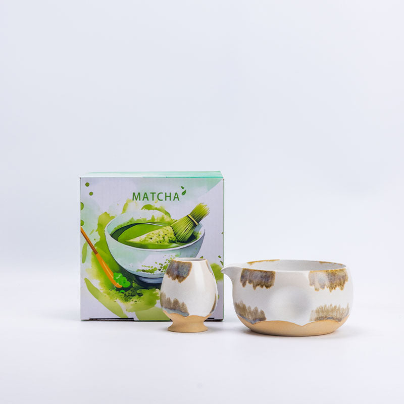 Ash and Cream ceramic matcha bowl and matching whisk holder with its retail box