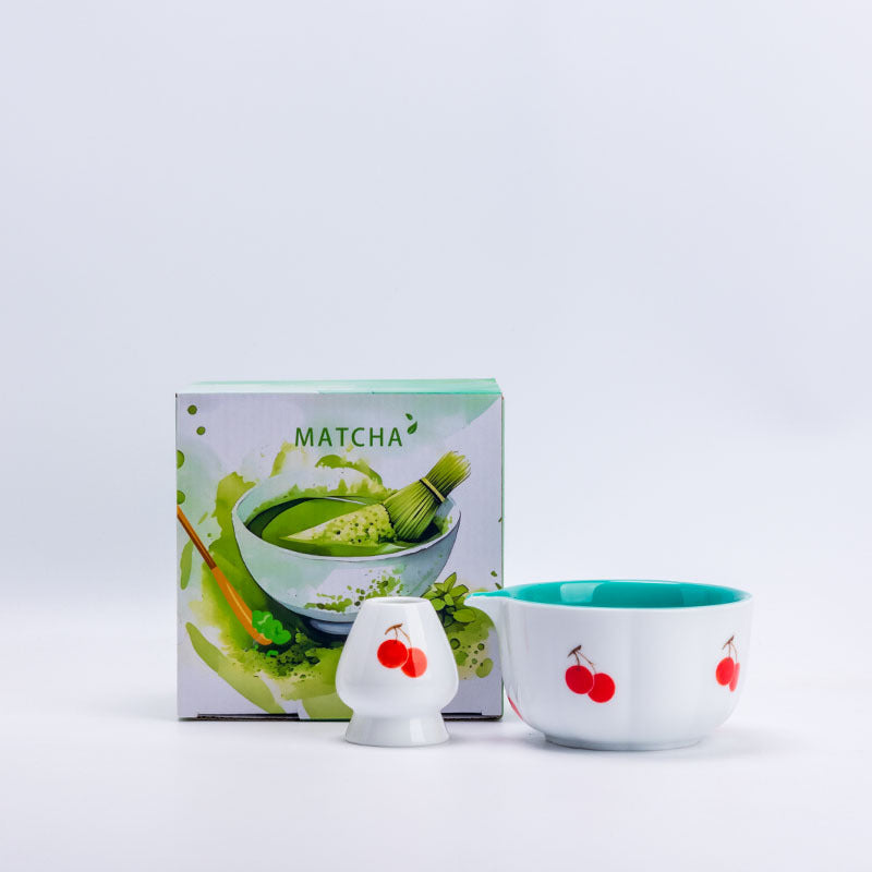 Cherry ceramic matcha bowl and holder with the included MATCHA carton