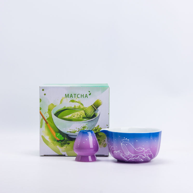 Starry Whale ceramic matcha bowl and holder with the included MATCHA carton