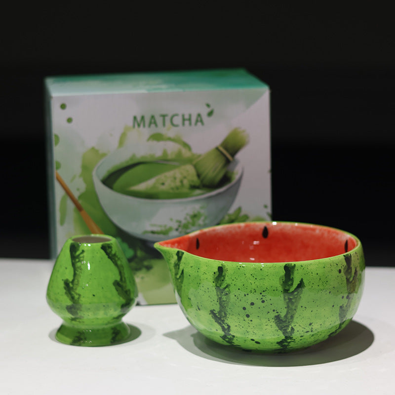 Red Watermelon - 2 Pieces ceramic matcha bowl and holder with the associated English MATCHA carton