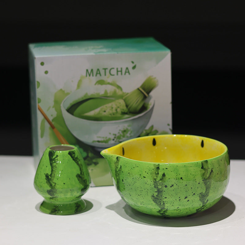 Yellow Watermelon - 2 Pieces ceramic matcha bowl and holder with the associated English MATCHA carton