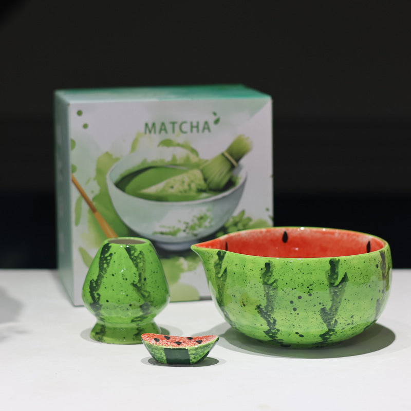 Red Watermelon - 3 Pieces ceramic matcha bowl and holder with the associated English MATCHA carton
