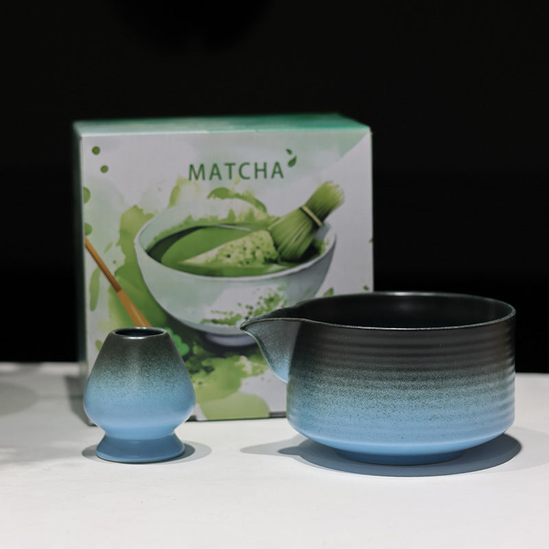 Black and Blue ceramic matcha bowl and matching whisk holder with its retail box