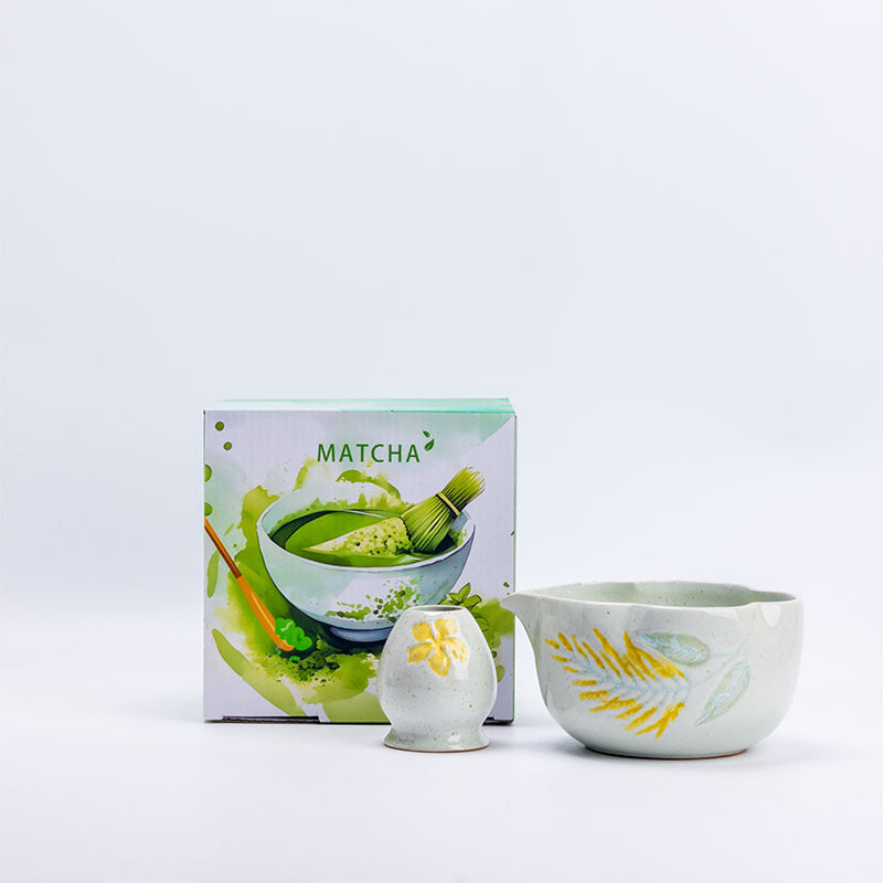 Yellow Fern botanical scalloped matcha bowl and floral holder with illustrated MATCHA box