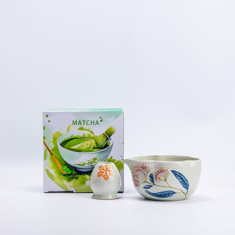 Mauve Hydrangea botanical scalloped matcha bowl and floral holder with illustrated MATCHA box