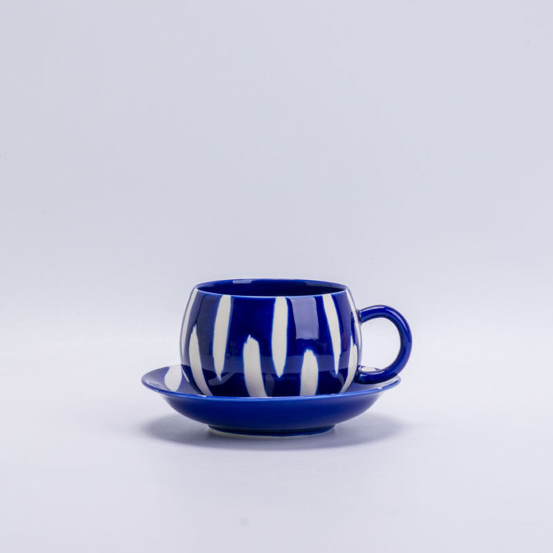 Cobalt Blue / Rounded Cup ceramic coffee cup and saucer with cream brushstroke stripes