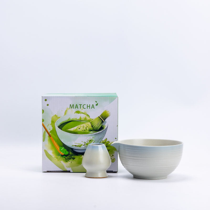 Pearl Gradient ceramic matcha bowl and holder with the associated English MATCHA carton