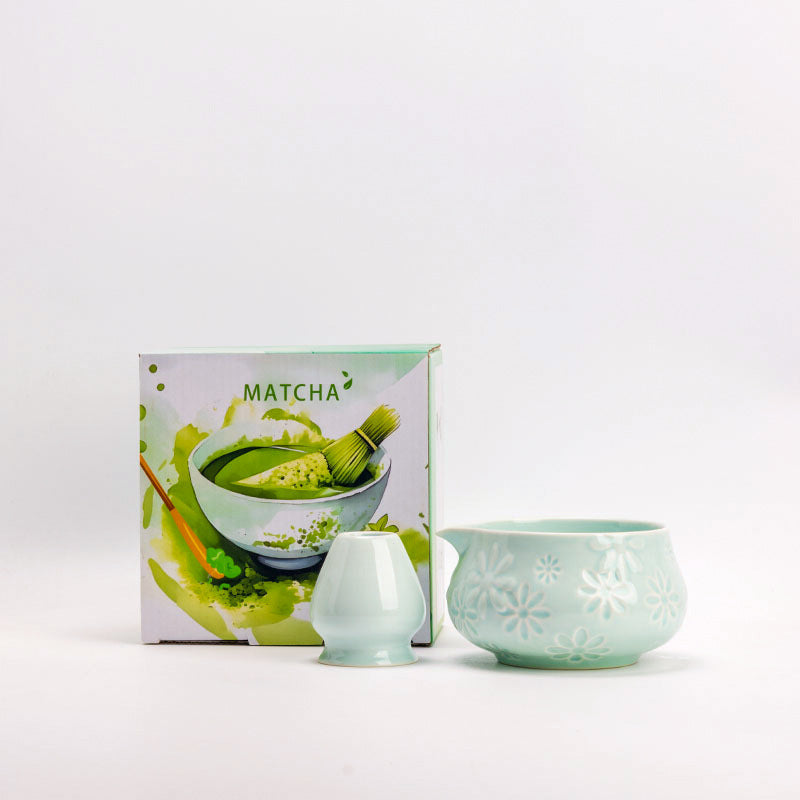 Celadon ceramic matcha bowl and matching whisk holder with its retail box