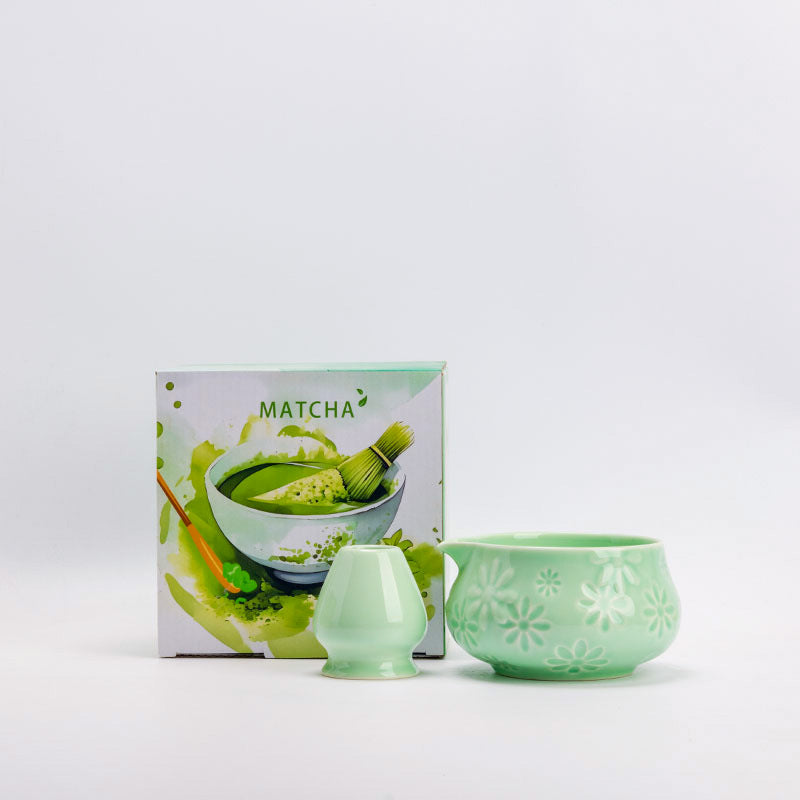 Mint Green ceramic matcha bowl and matching whisk holder with its retail box