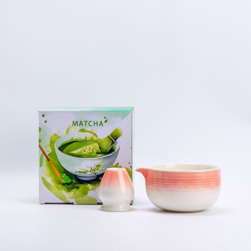 Style 3 - Fine Horizontal Ridges ceramic matcha bowl and holder with the associated English MATCHA carton