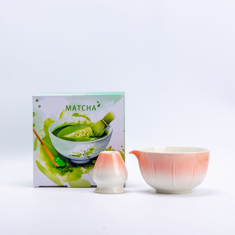 Style 5 - Fluted Sides ceramic matcha bowl and holder with the associated English MATCHA carton