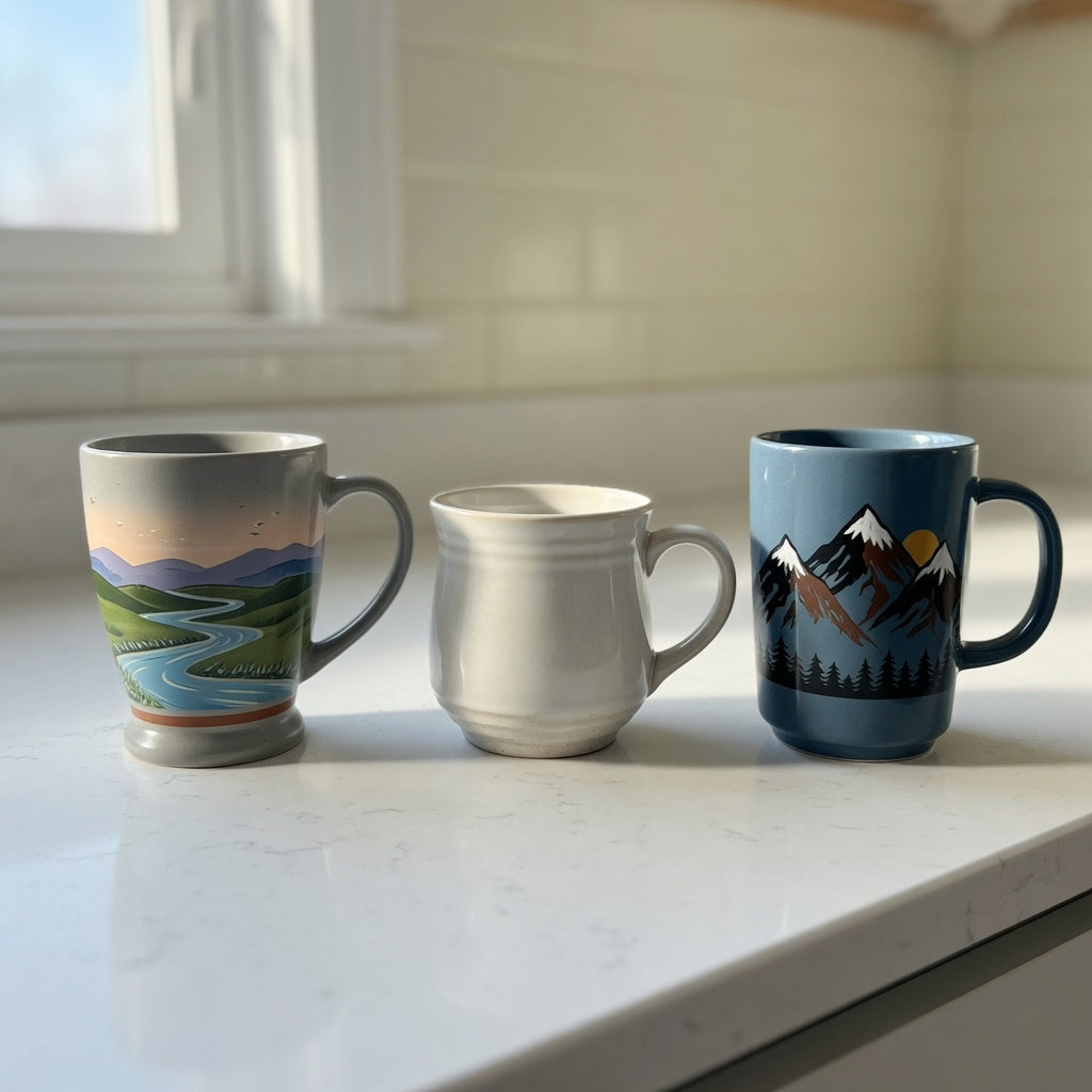 12 oz ceramic coffee mugs current product facts comparison with Landscape Tall, Round, and Mountain Tall mugs side by side