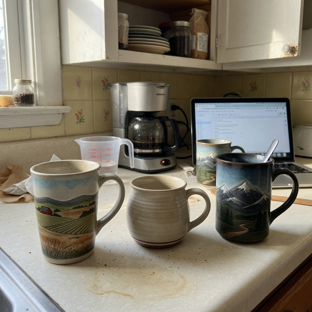 12 oz ceramic coffee mugs everyday mug rotation practical purchase checklist shown with tall and round mugs on a kitchen counter