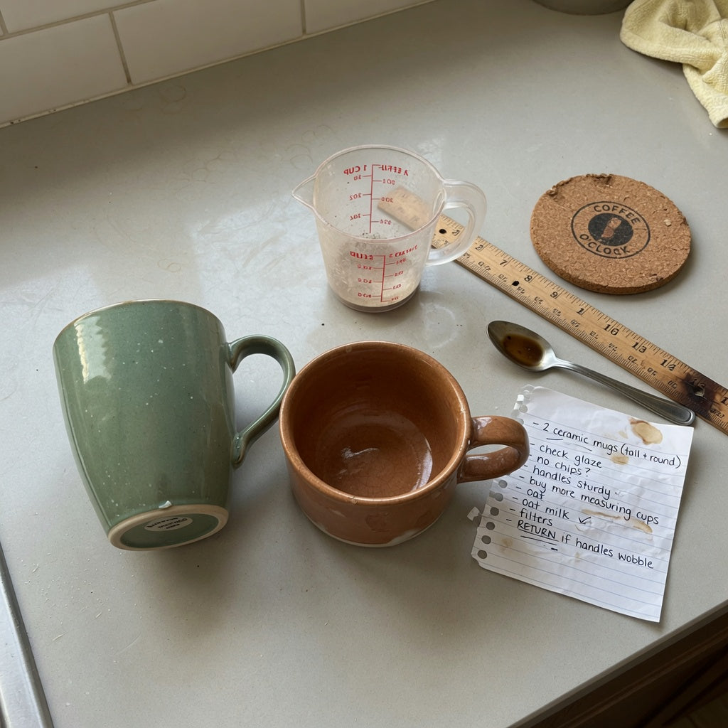 12 oz ceramic coffee mugs first time buyer practical purchase checklist beside tall and round mugs, a measuring cup, ruler, and care notes