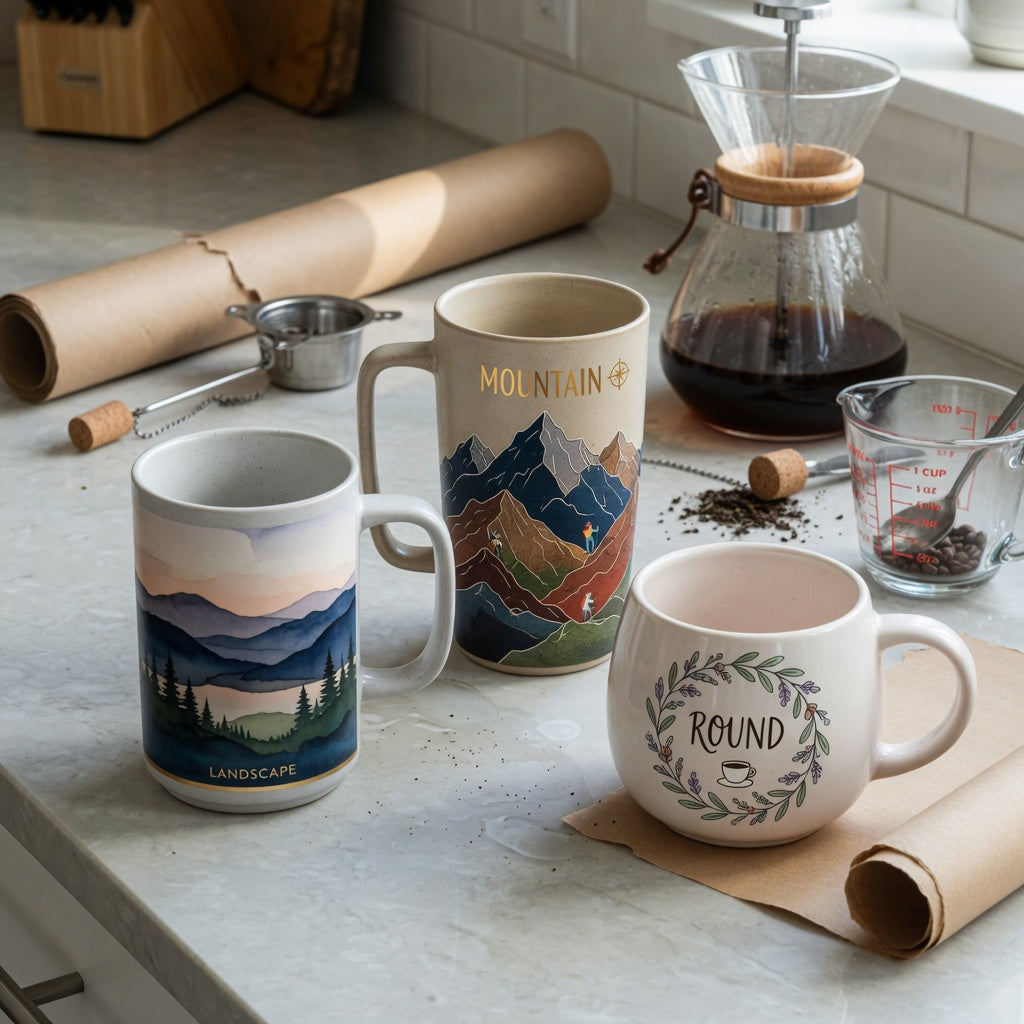 Landscape Tall, Mountain Tall, and Round mugs compared in a 12 oz ceramic coffee mugs gift choice product shortlist guide