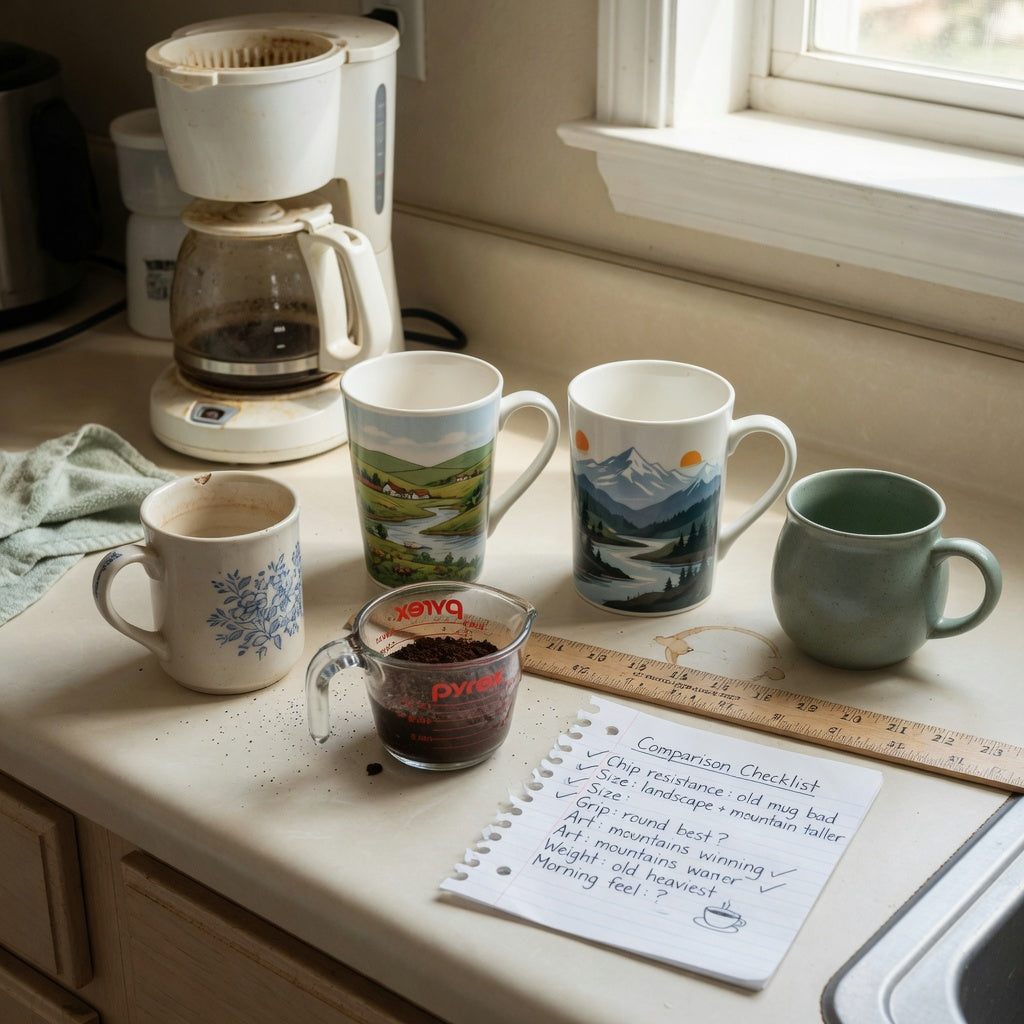 12 oz ceramic coffee mugs replacement purchase practical purchase checklist with a chipped mug, measuring cup, ruler, and three replacement shapes