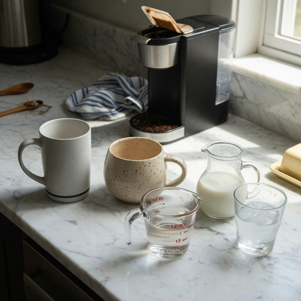 12 oz ceramic coffee mugs size decision guide with tall and round ceramic mugs beside a liquid measuring cup
