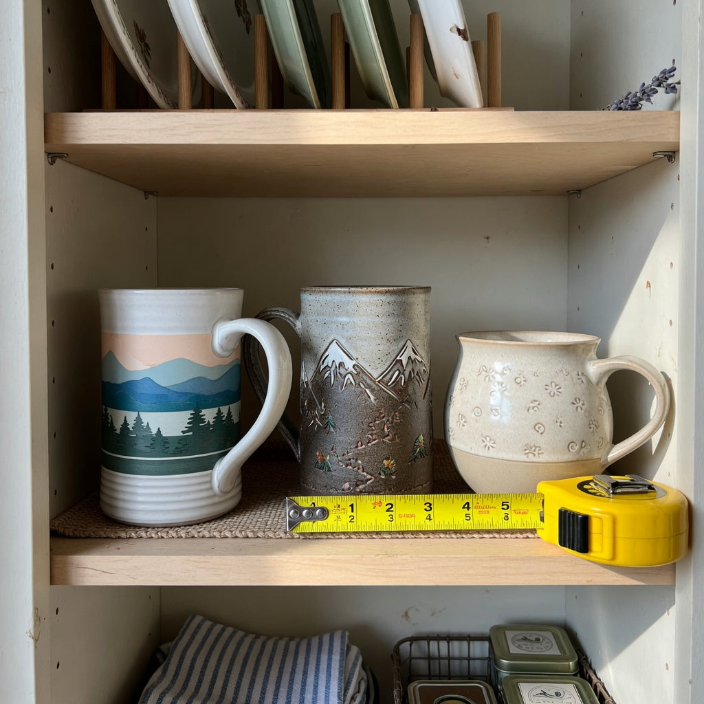 12 oz ceramic coffee mugs storage fit guide showing tall landscape, tall mountain, and round mugs measured inside a kitchen cabinet