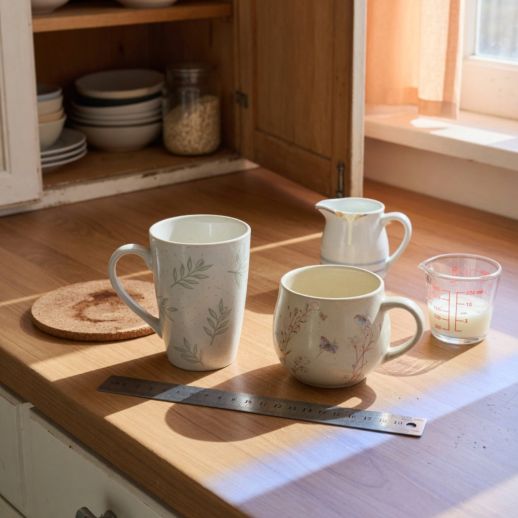 12 oz coffee mug size comparison ceramic setup with tall and round mugs beside a ruler and milk pitcher