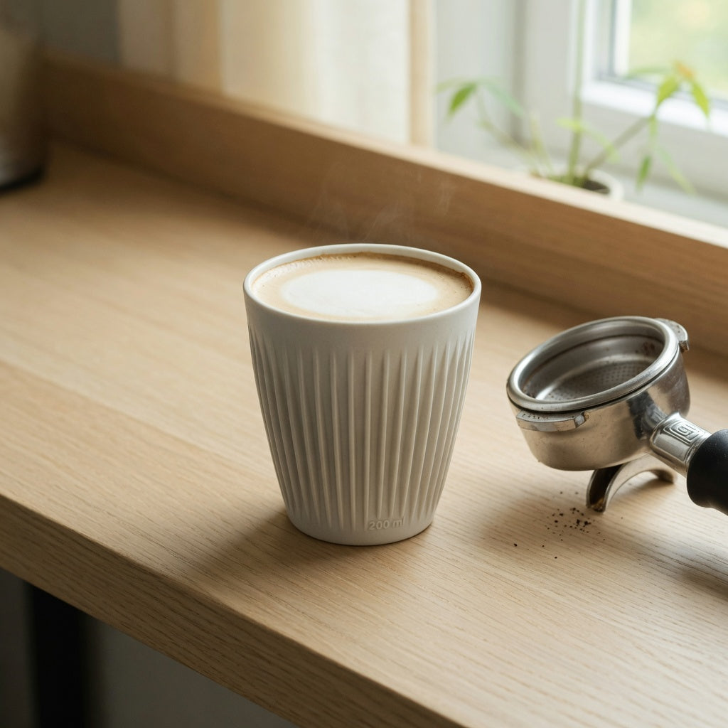 Pleated 200 ml ceramic coffee cup on a light oak coffee bar beside an espresso portafilter