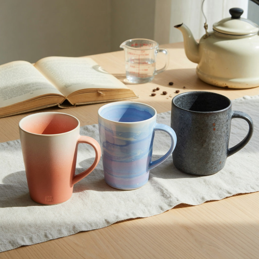 Our dandelion coffee mug weekend coffee product shortlist guide showing The Gradient, The Flow, and The Rock on a weekend kitchen table