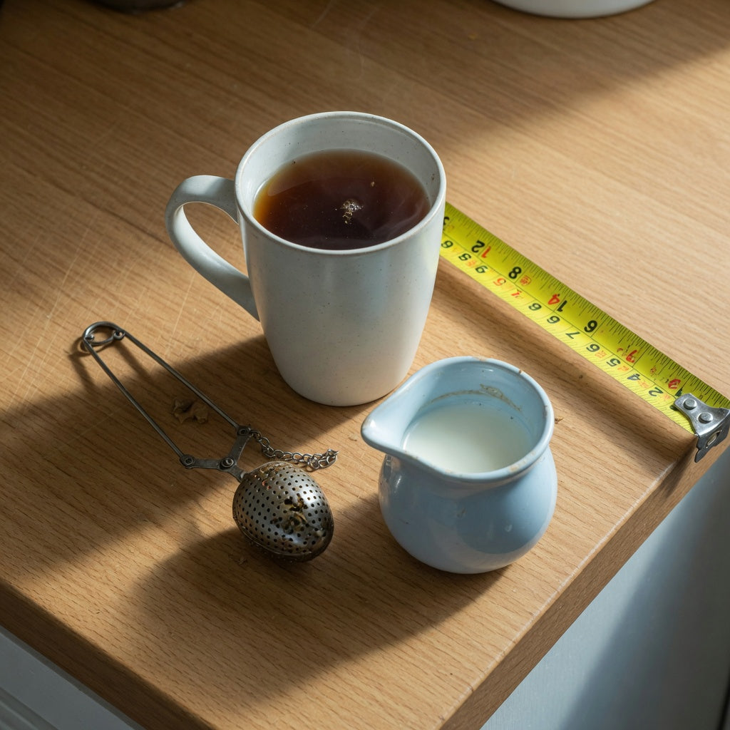A tall 350 ml coffee and tea mug filled below the rim beside a milk pitcher and tea infuser