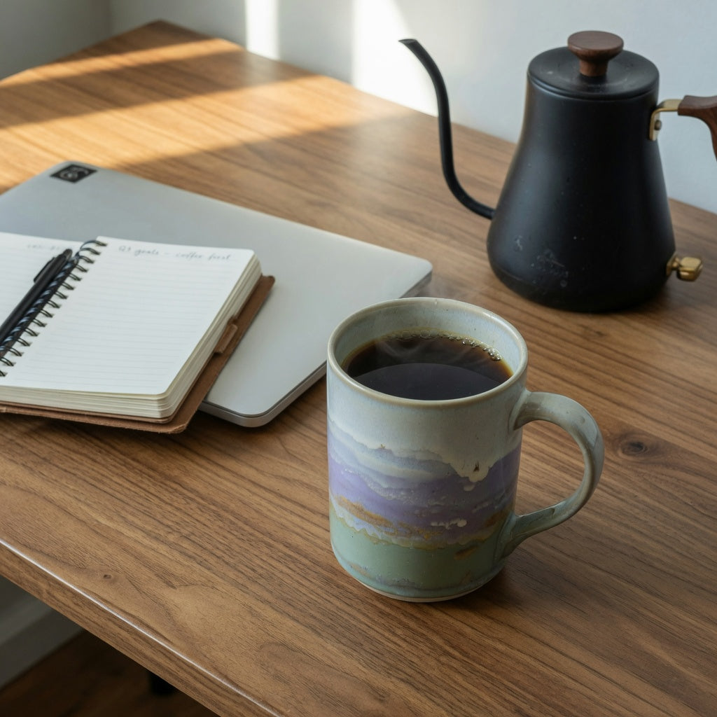 Tall 350 ml coffee mug with a landscape design on a wooden desk beside a laptop and gooseneck kettle.