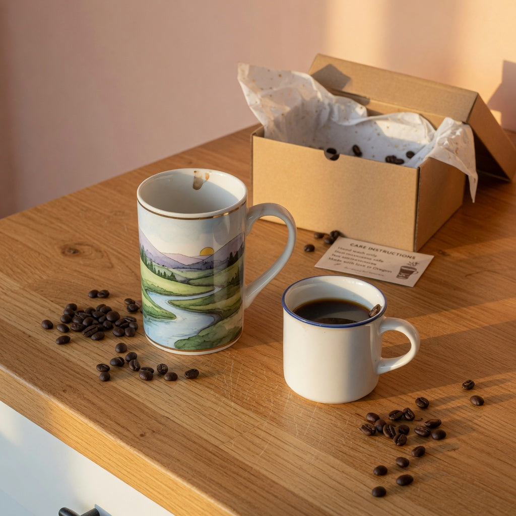 A 350 ml mug gift beside a smaller standard mug and a kraft gift box on a kitchen counter, showing real size comparison