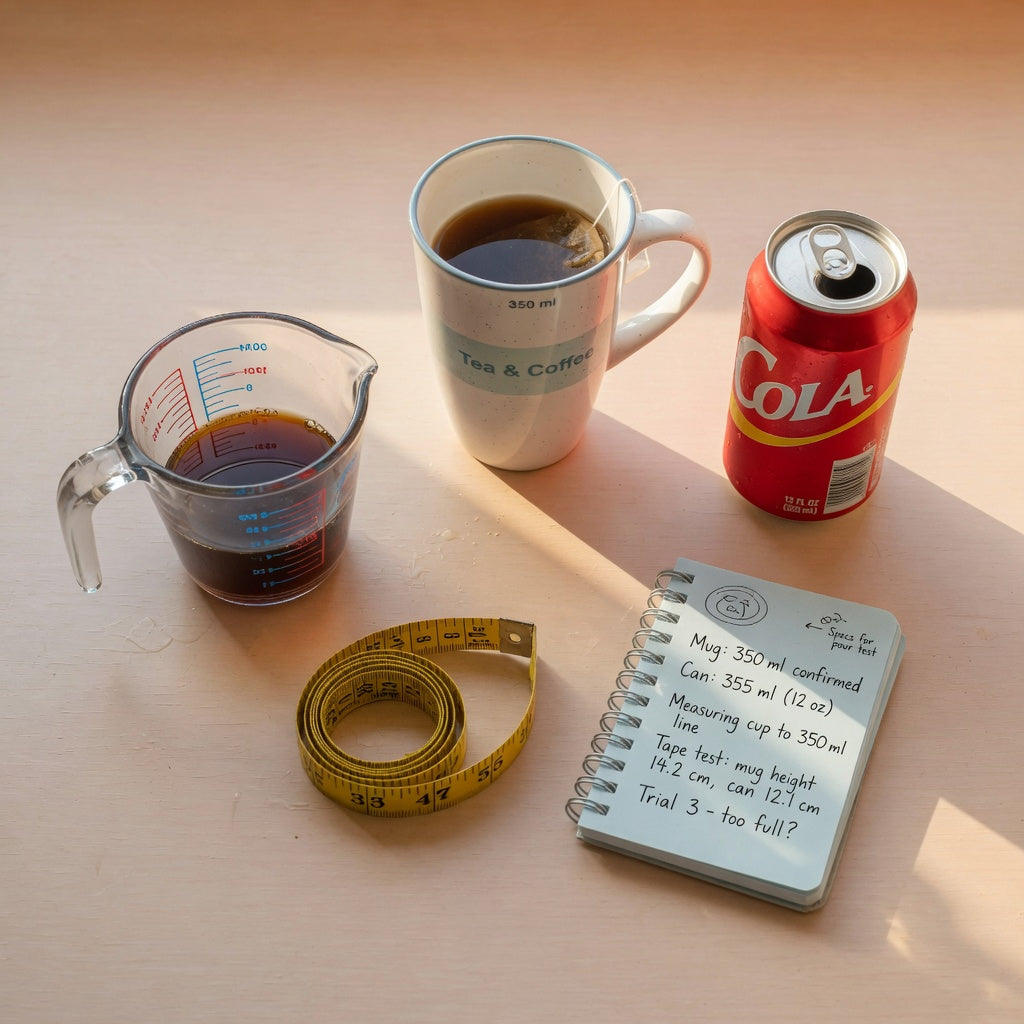 350 ml mug size comparison showing a tall coffee and tea mug beside a 12 oz soda can and a measuring cup filled to the 350 ml line