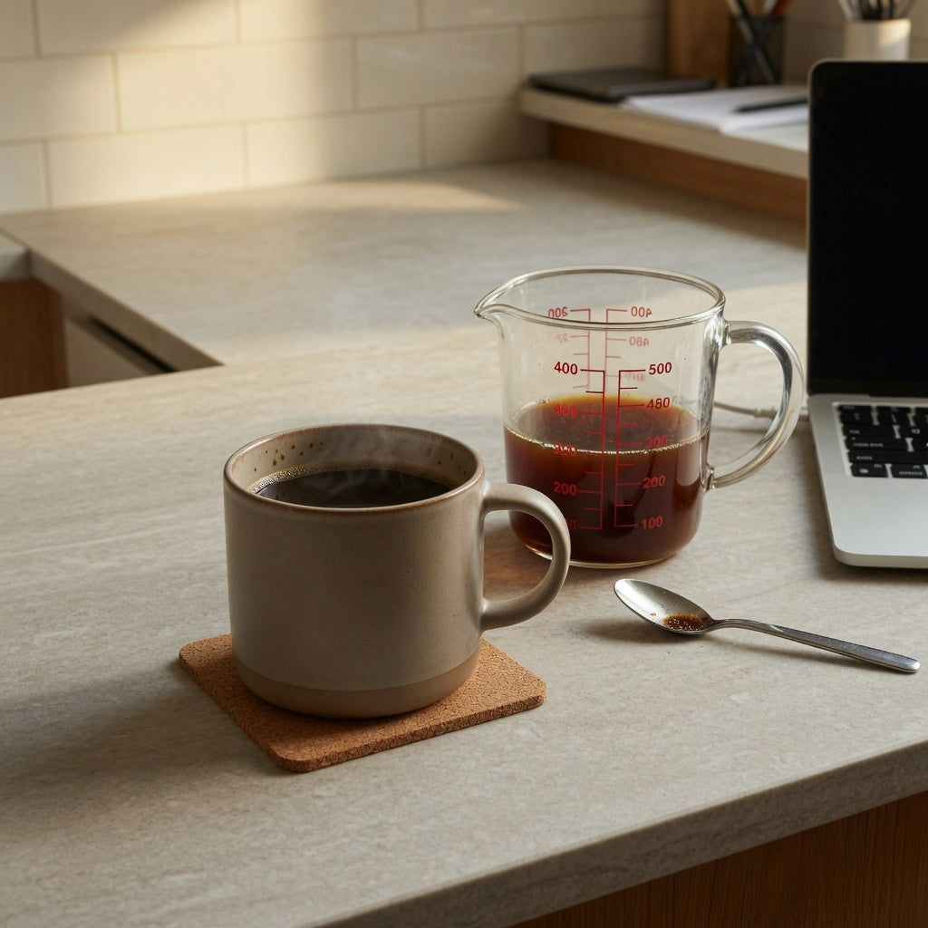 480 ml ceramic coffee mug with visible headroom beside a measuring jug and laptop