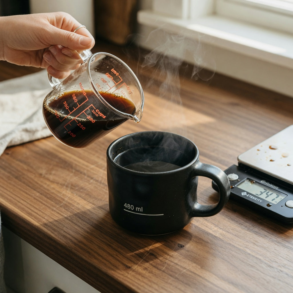 480 ml coffee mug filled with black coffee beside a measuring jug and kitchen scale on a kitchen counter