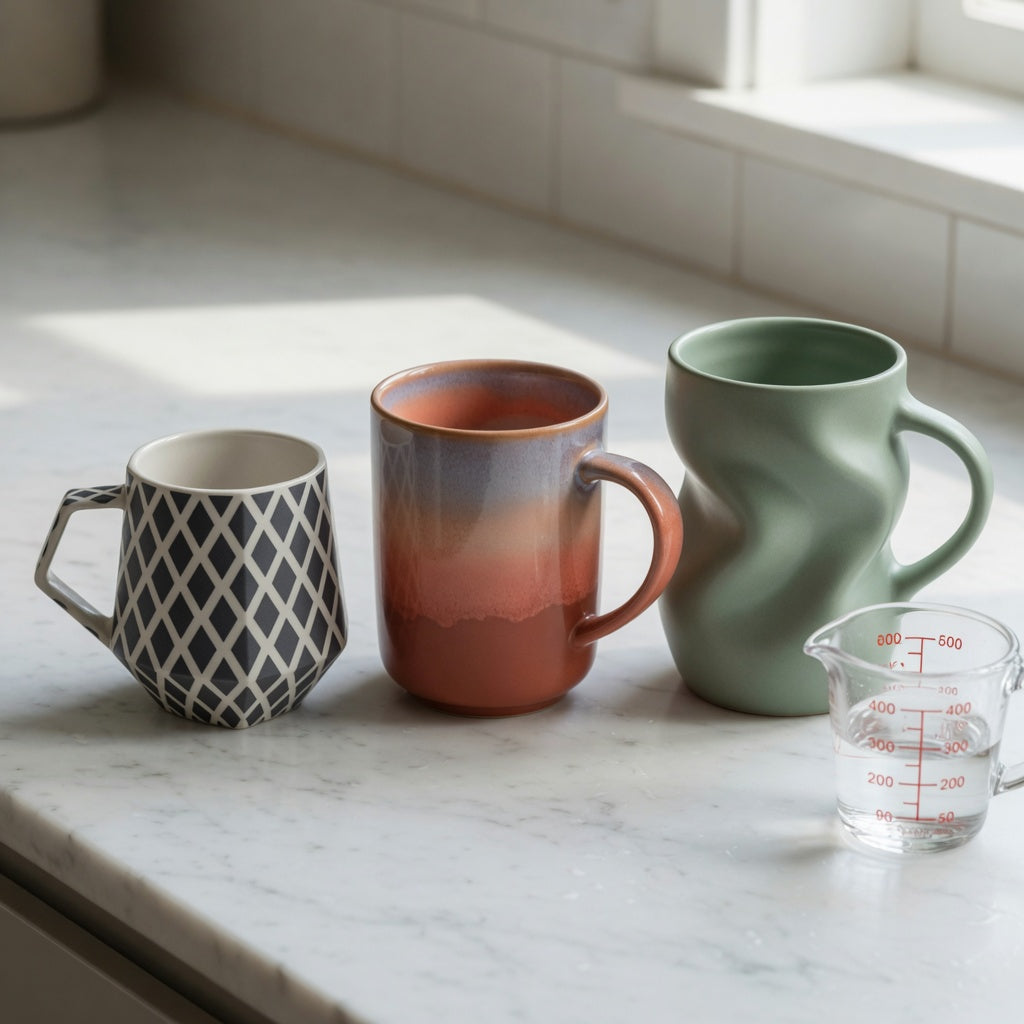 abstract coffee mug current product facts comparison of Rhombus 250 ml, Gradient 400 ml, and The Flow 400 ml mugs