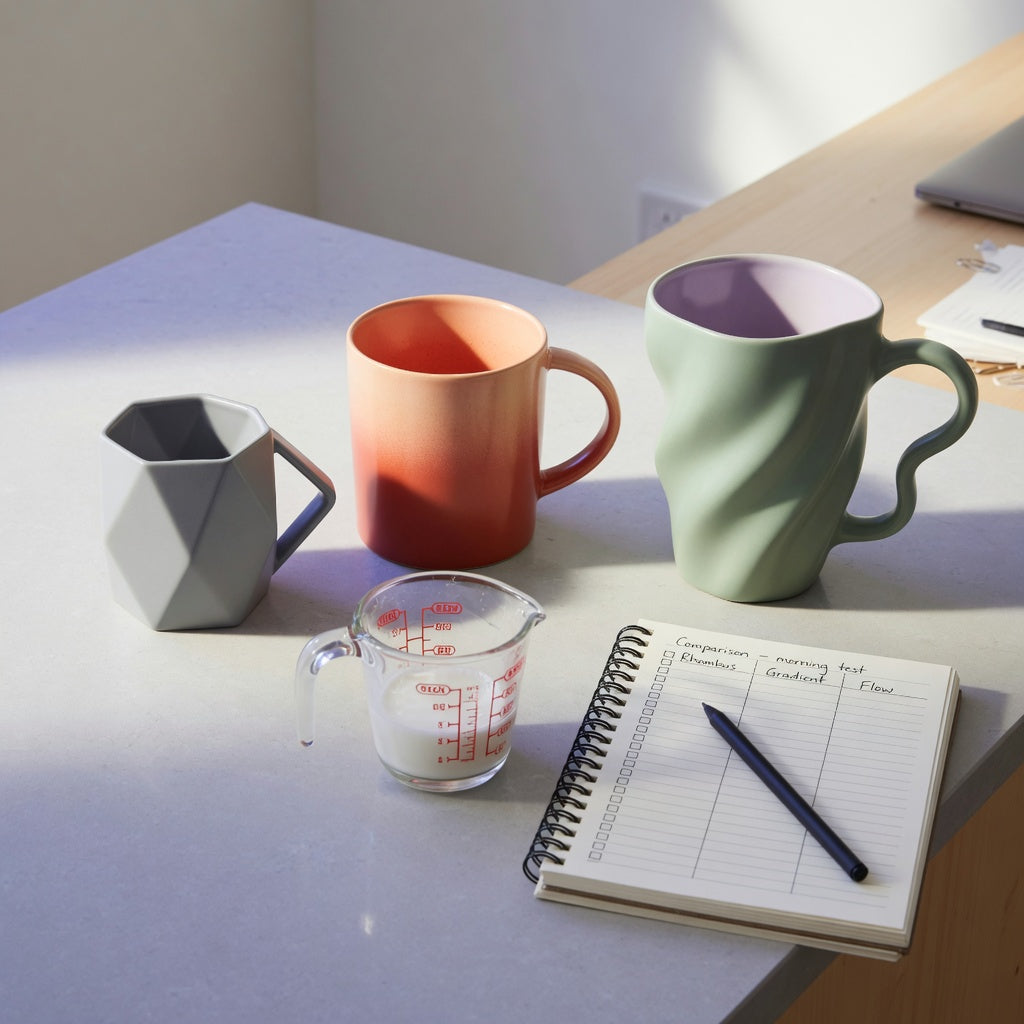 Abstract coffee mug gift choice practical purchase checklist with the 250 ml Rhombus, 400 ml Gradient, and 400 ml Flow mugs