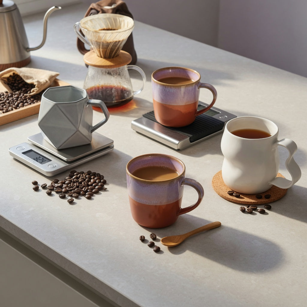 abstract coffee mug home coffee station practical purchase checklist with three mug forms beside a kettle, pour-over dripper, and scale