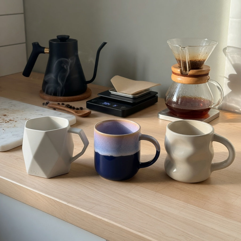 Featured image for the abstract coffee mug home coffee station product shortlist guide, showing Rhombus, Gradient, and The Flow beside a home brewing setup