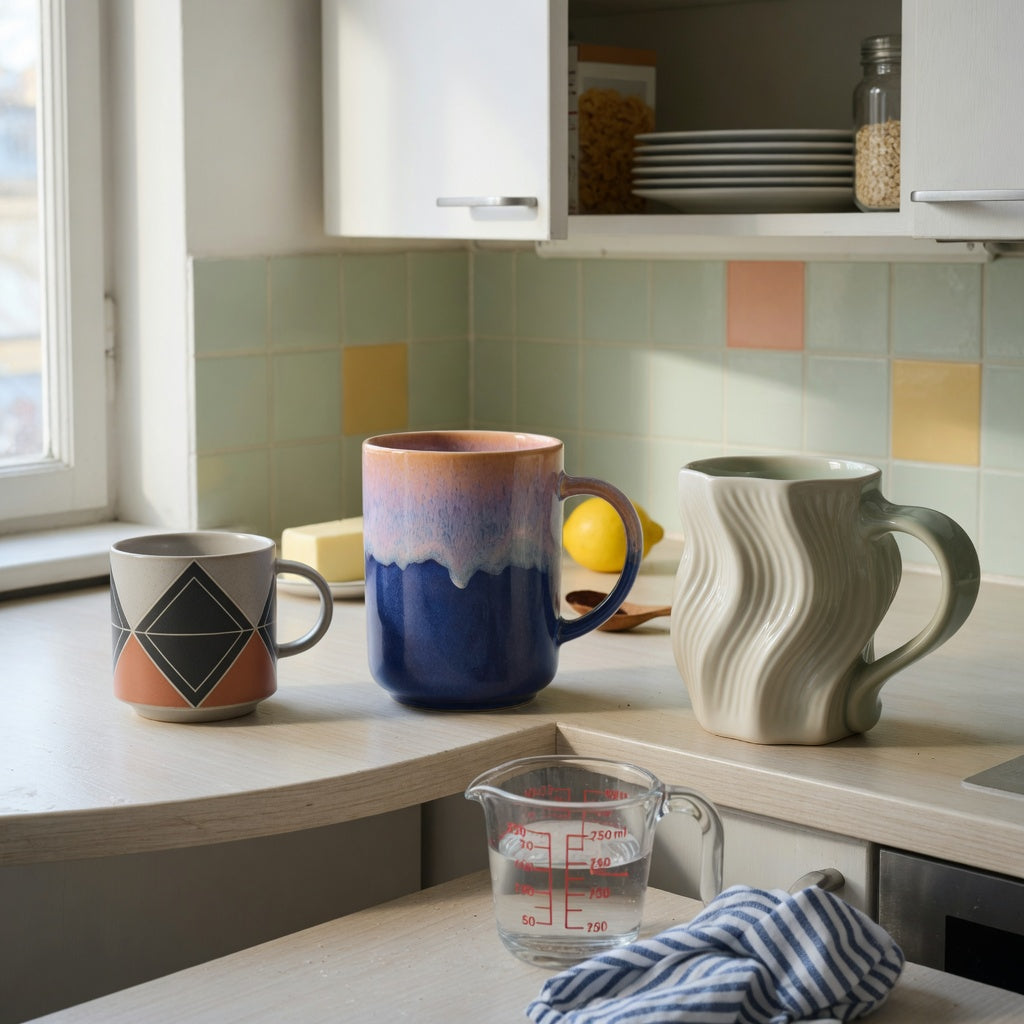 abstract coffee mug shared household product shortlist guide showing Rhombus 250 ml, Gradient 400 ml, and The Flow 400 ml on a shared kitchen counter