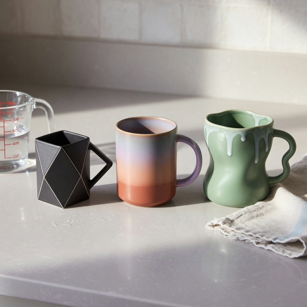 Abstract coffee mug size decision guide showing the 250 ml Rhombus beside the 400 ml Gradient and The Flow mugs
