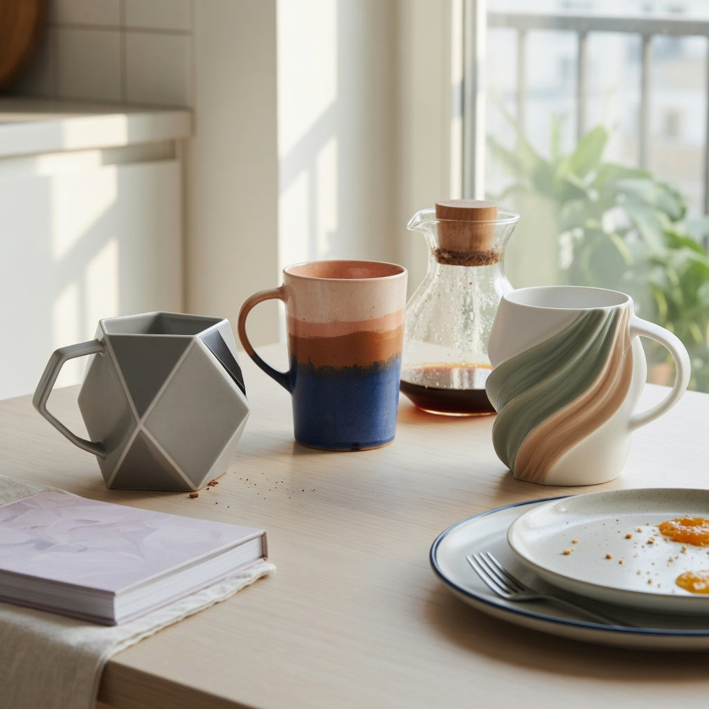 Weekend table illustrating the abstract coffee mug weekend coffee product shortlist guide with Rhombus, Gradient, and The Flow mugs
