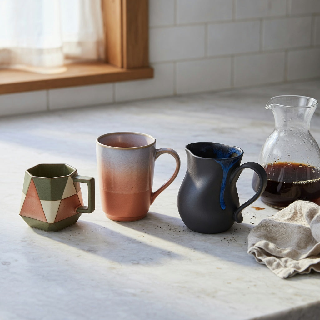 Abstract geometric ceramic mug styles on a kitchen counter, with a geometric form beside a color-transition mug and a curved ceramic mug