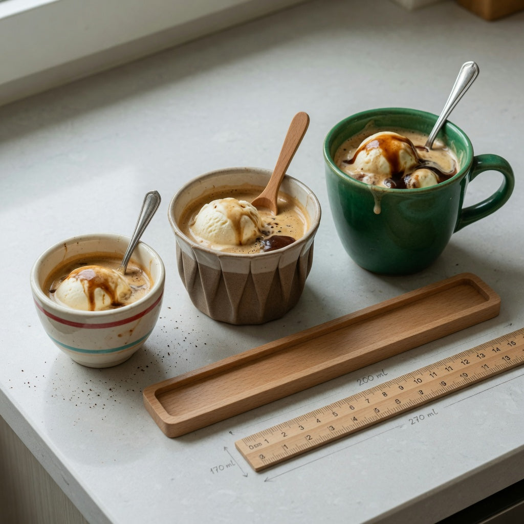 Three cup sizes showing affogato cup buying priorities for capacity, visible shape, and counter space