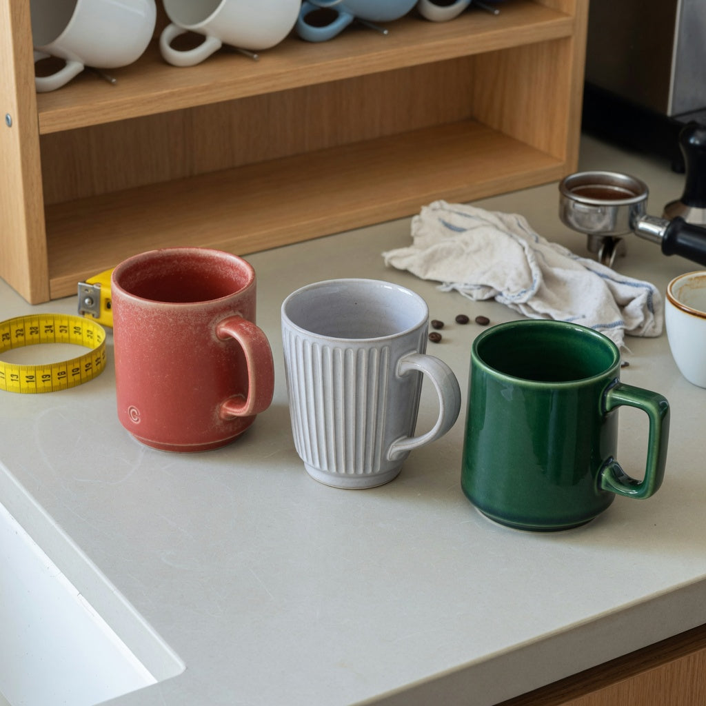 Retro, Pleated, and Emerald cups beside a shelf measure for an affogato cup everyday mug rotation practical purchase checklist