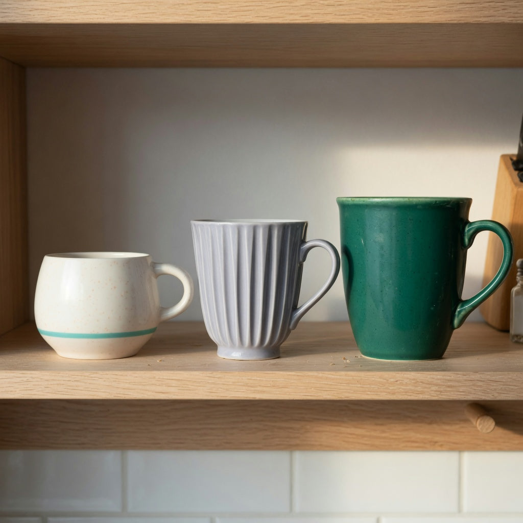 affogato cup everyday mug rotation product shortlist guide showing the Retro 170 ml, Pleated 200 ml, and Emerald 270 ml on a kitchen shelf