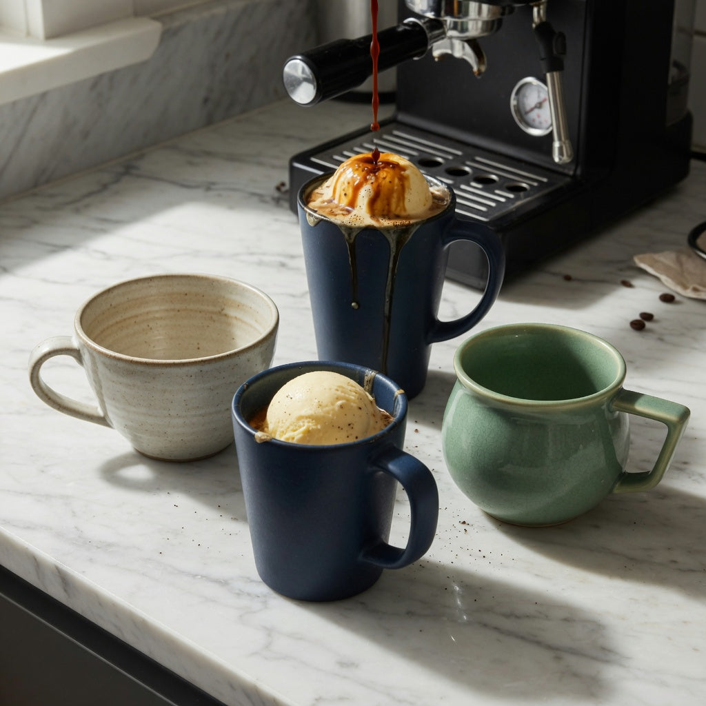 Countertop comparison for an affogato cup home coffee station product shortlist guide, with Retro, Pleated, and Emerald cups