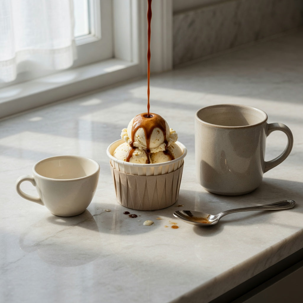 Affogato dessert cup comparison showing 170 ml retro, 200 ml pleated, and 270 ml mug shapes