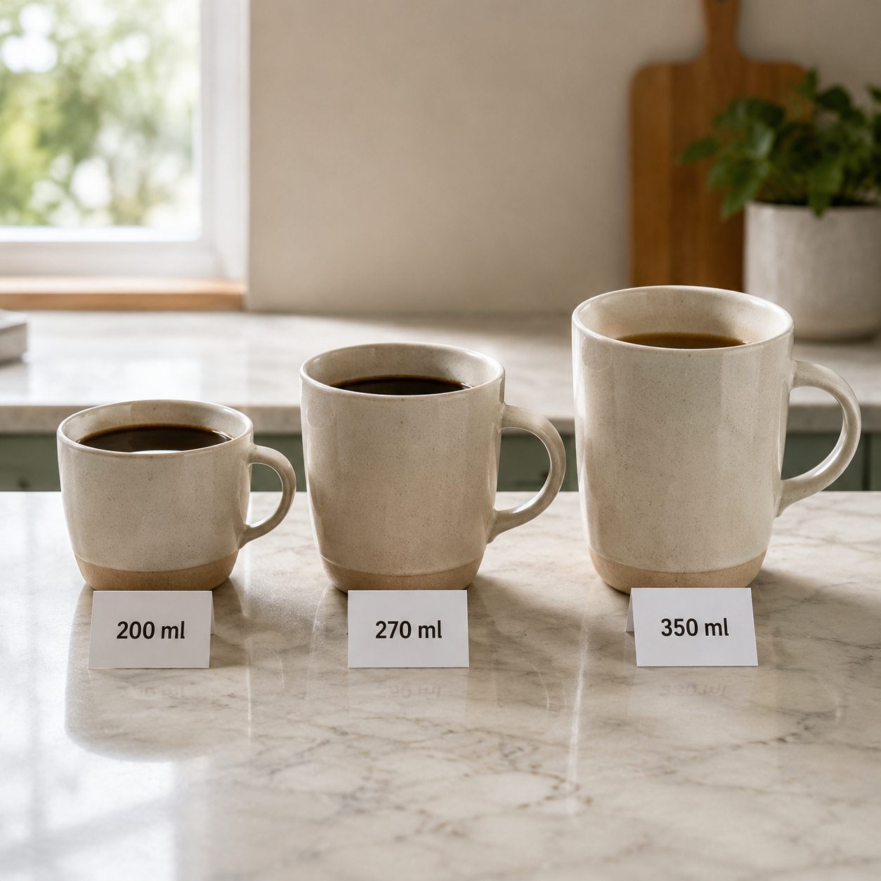 Americano coffee cup comparison showing 200 ml, 270 ml, and 350 ml capacities with visible headroom
