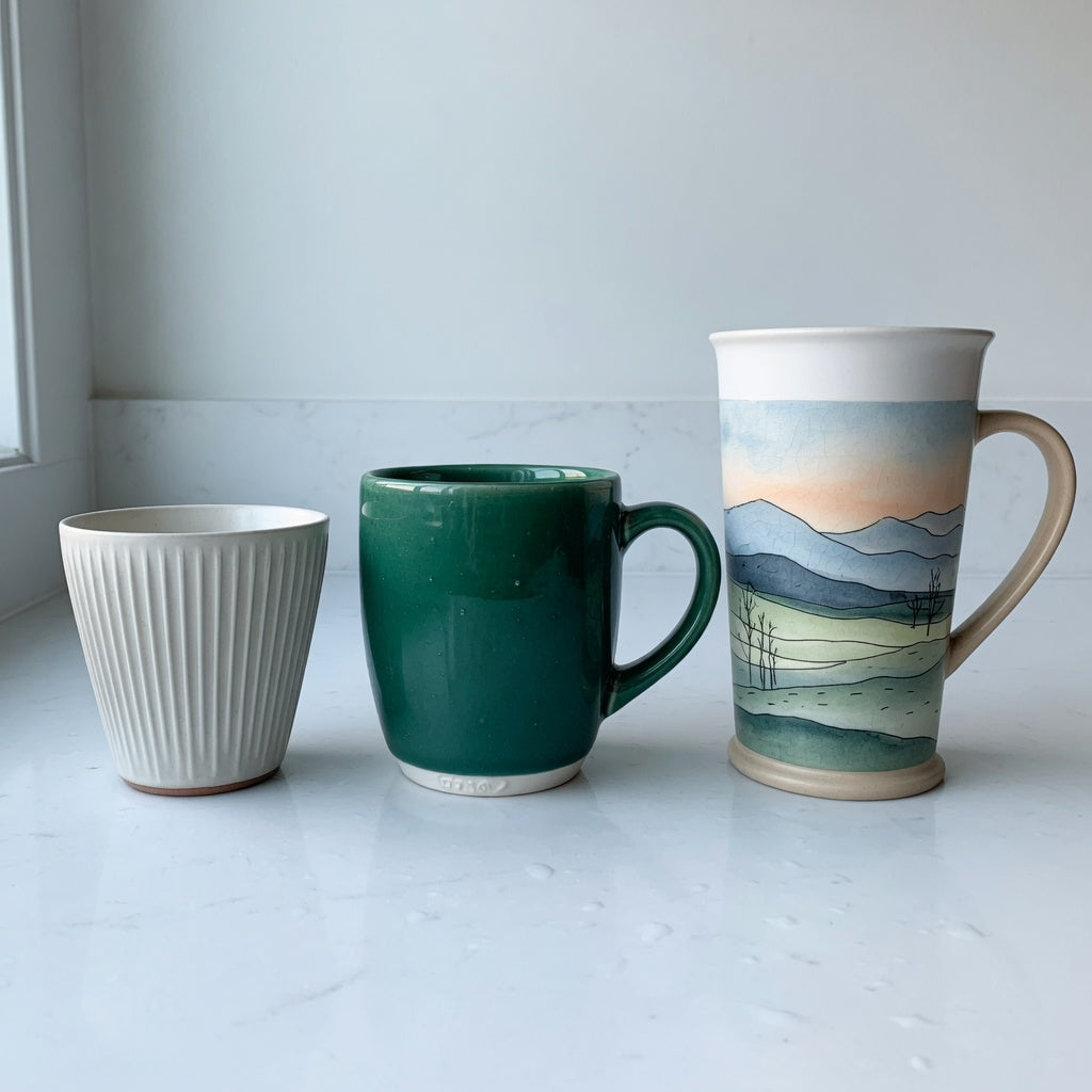 Kitchen-counter comparison showing americano coffee cup current product facts for Pleated 200 ml, Emerald 270 ml, and Landscape Tall 350 ml