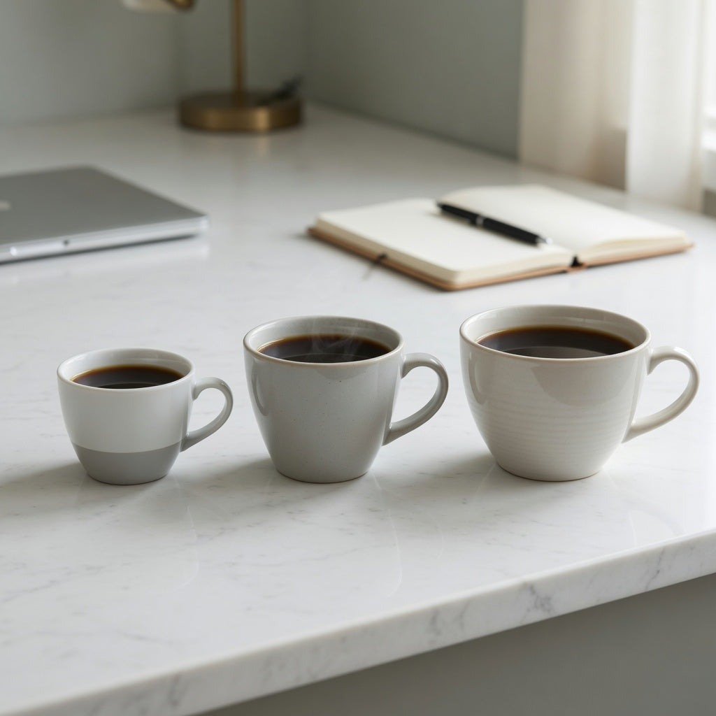 americano coffee cup gift choice practical purchase checklist comparing 200 ml, 270 ml, and 350 ml cups with visible headroom