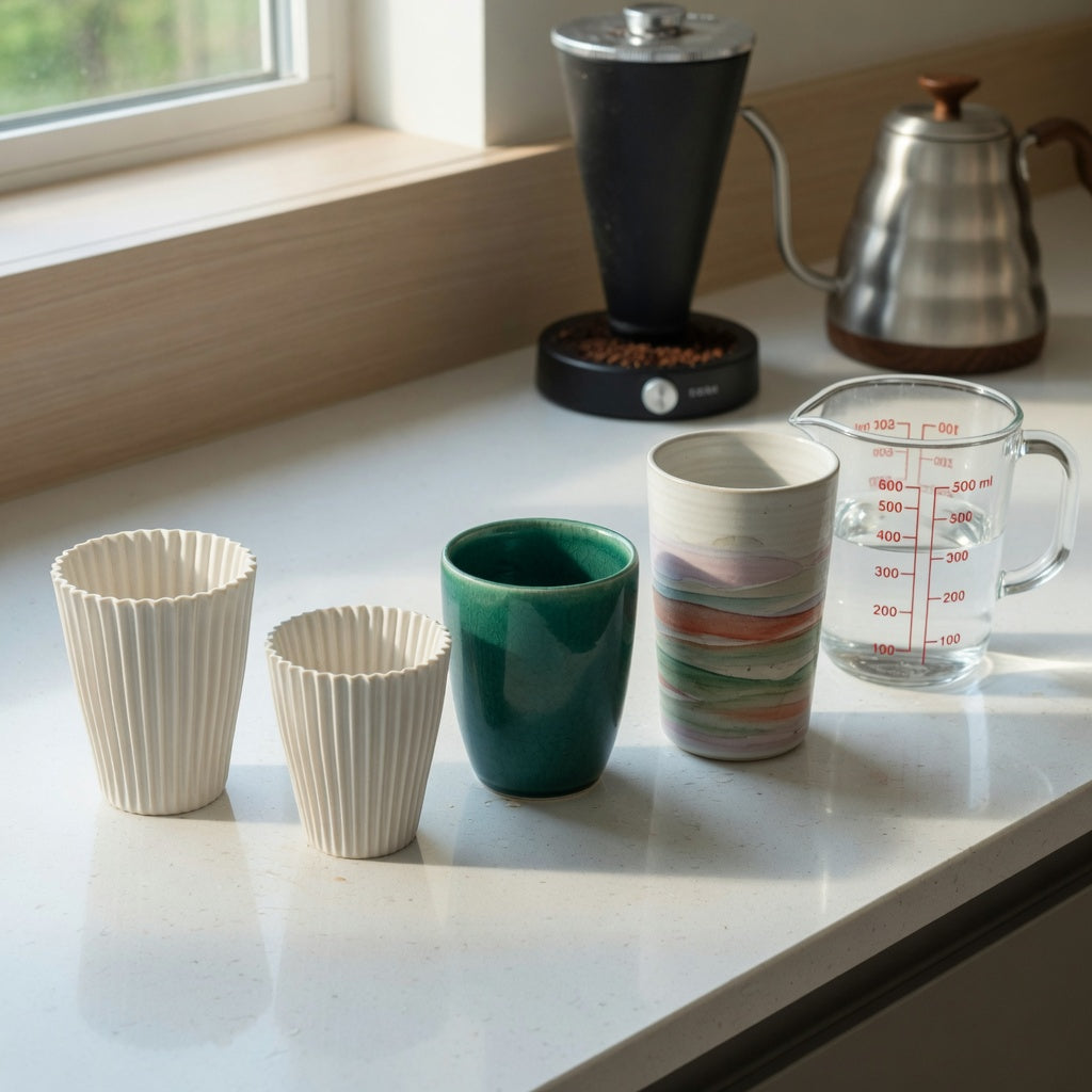 Americano coffee cup home coffee station product shortlist guide showing 200 ml, 270 ml, and 350 ml choices beside a measuring jug